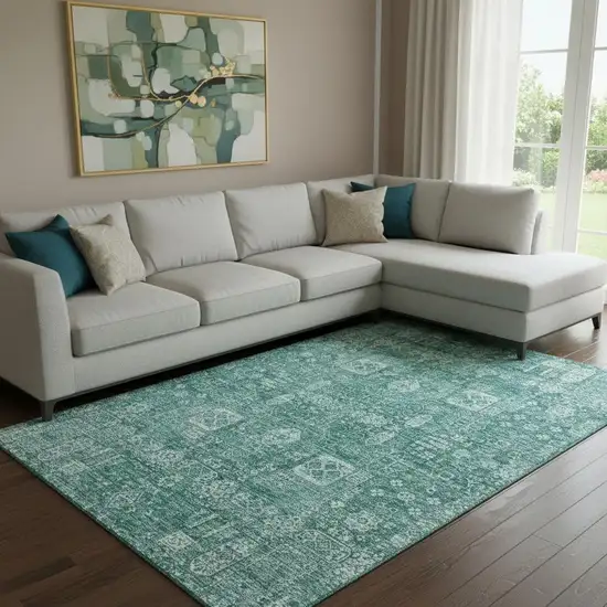 Teal And Aqua Floral Washable Area Rug With UV Protection Photo 1