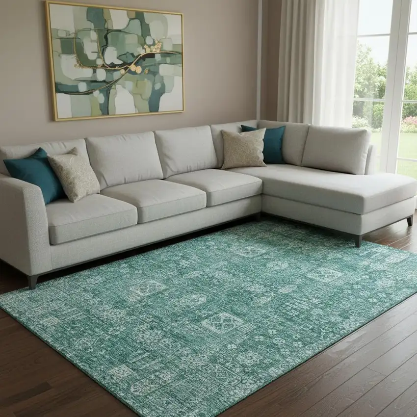 Teal And Aqua Floral Washable Area Rug With UV Protection Photo 1