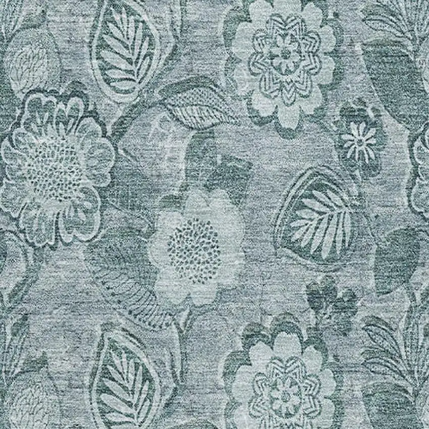 Teal And Aqua Floral Washable Area Rug With UV Protection Photo 3