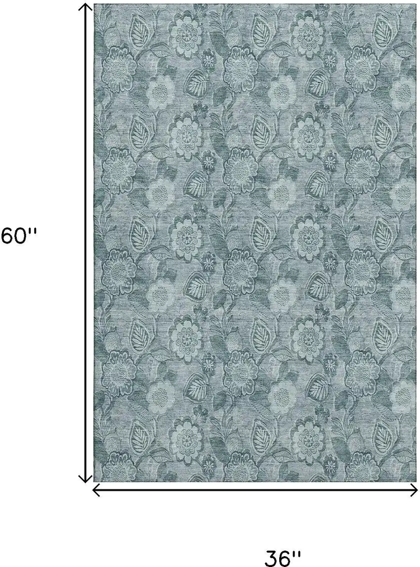 Teal And Aqua Floral Washable Area Rug With UV Protection Photo 9