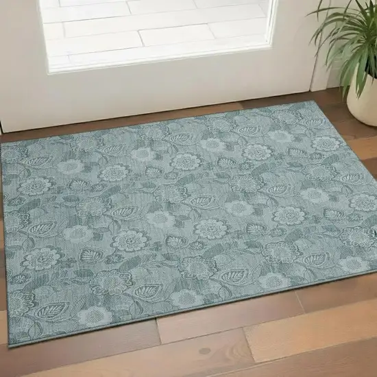Teal And Aqua Floral Washable Area Rug With UV Protection Photo 2