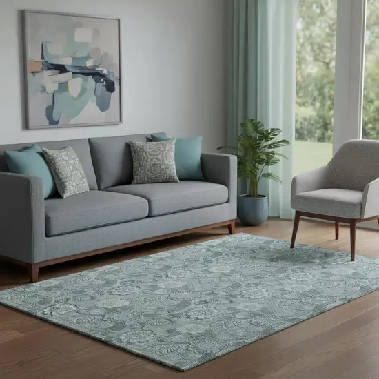 Teal And Aqua Floral Washable Area Rug With UV Protection Photo 2