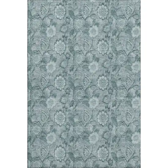 Teal And Aqua Floral Washable Area Rug With UV Protection Photo 1