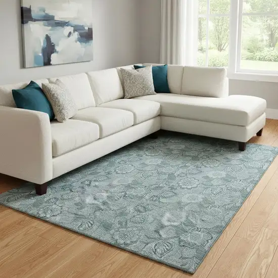 Teal And Aqua Floral Washable Area Rug With UV Protection Photo 2