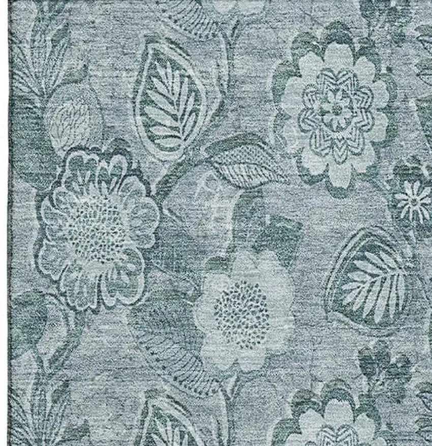 Teal And Aqua Floral Washable Area Rug With UV Protection Photo 3