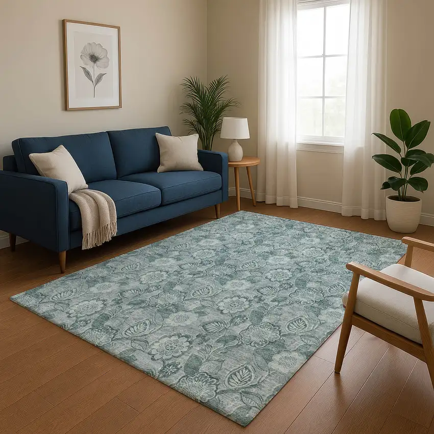 Teal And Aqua Floral Washable Area Rug With UV Protection Photo 5