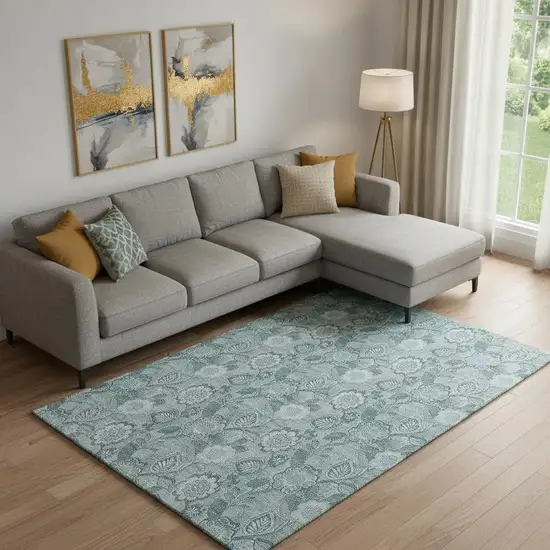 Teal And Aqua Floral Washable Area Rug With UV Protection Photo 2