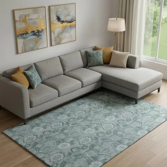 Teal And Aqua Floral Washable Area Rug With UV Protection Photo 2