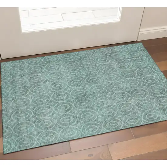 Teal And Aqua Geometric Washable Area Rug With UV Protection Photo 1