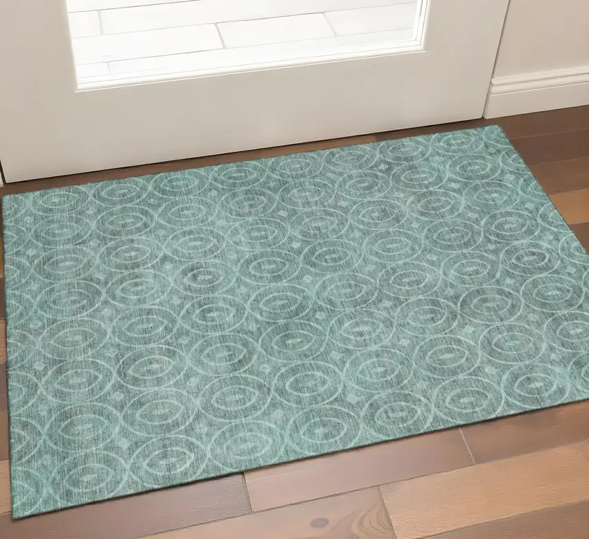 Teal And Aqua Geometric Washable Area Rug With UV Protection Photo 1