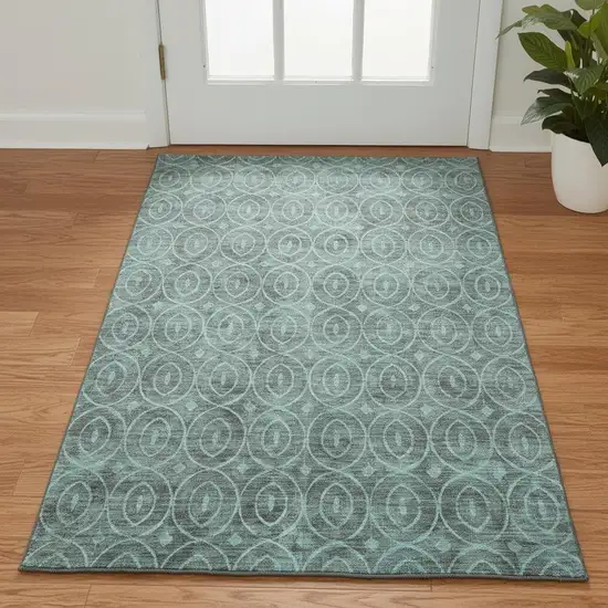 Teal And Aqua Geometric Washable Area Rug With UV Protection Photo 2