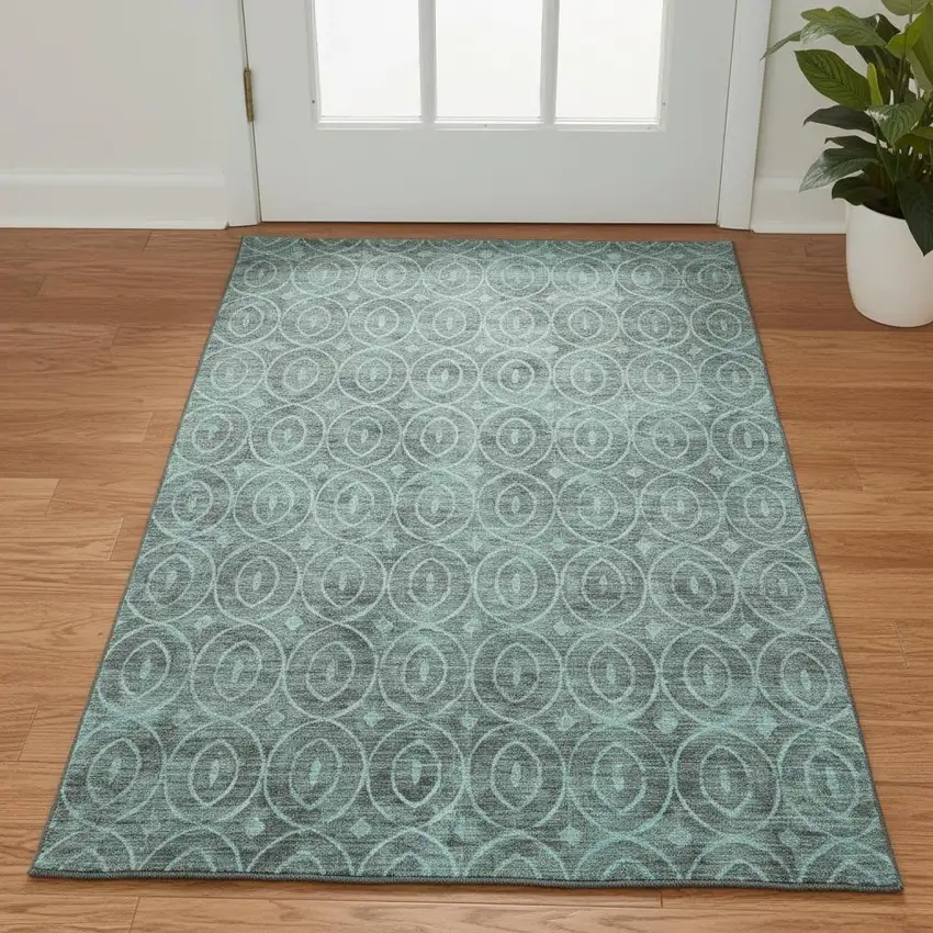 Teal And Aqua Geometric Washable Area Rug With UV Protection Photo 2