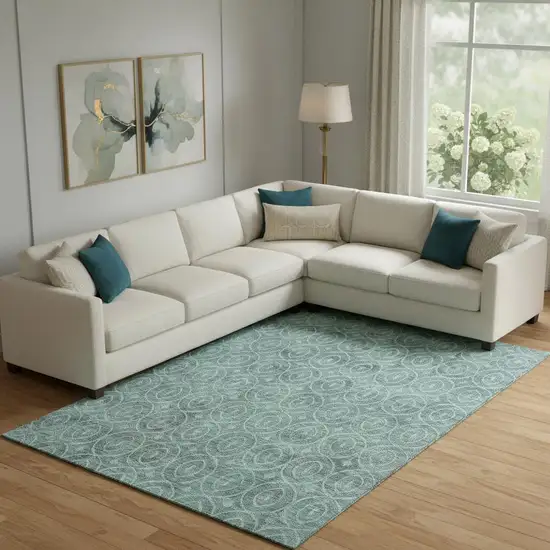 Teal And Aqua Geometric Washable Area Rug With UV Protection Photo 2