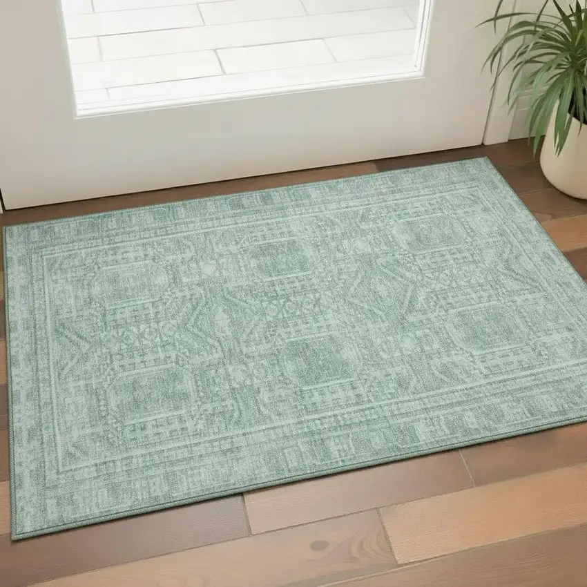 Teal And Aqua Geometric Washable Area Rug With UV Protection Photo 2