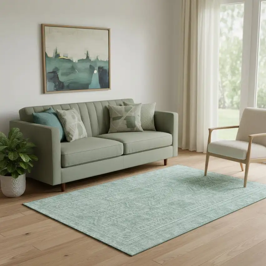 Teal And Aqua Geometric Washable Area Rug With UV Protection Photo 2