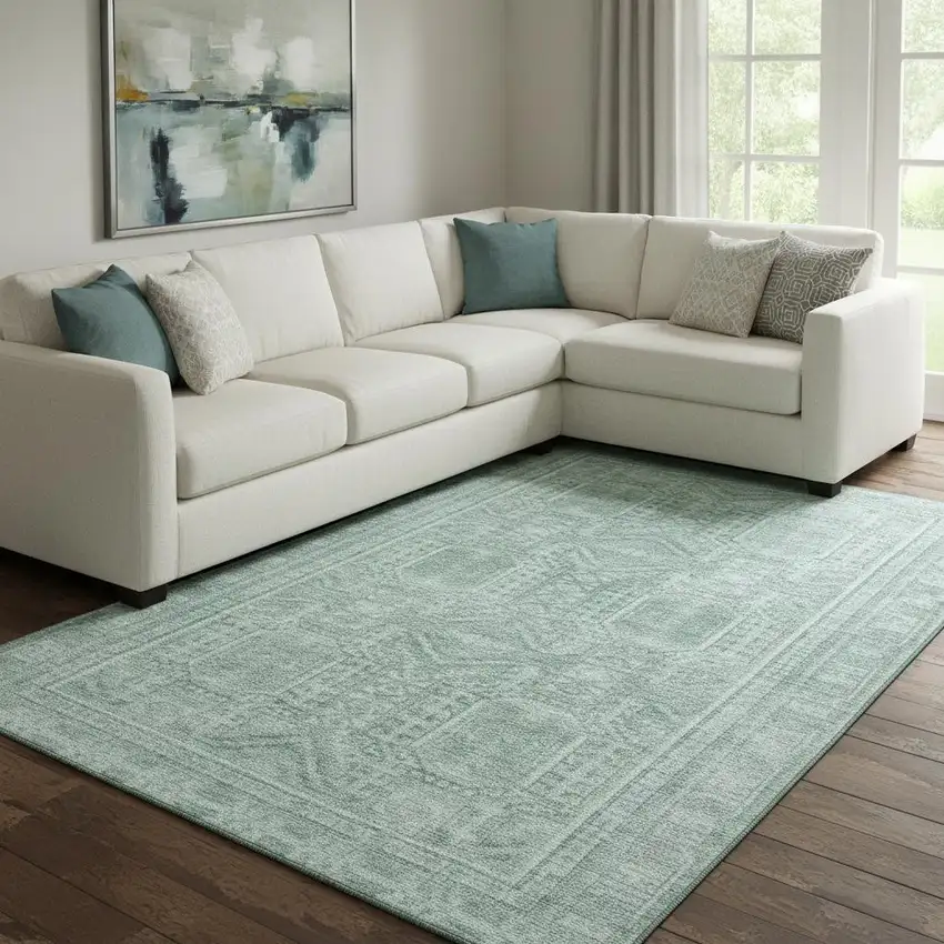 Teal And Aqua Geometric Washable Area Rug With UV Protection Photo 2
