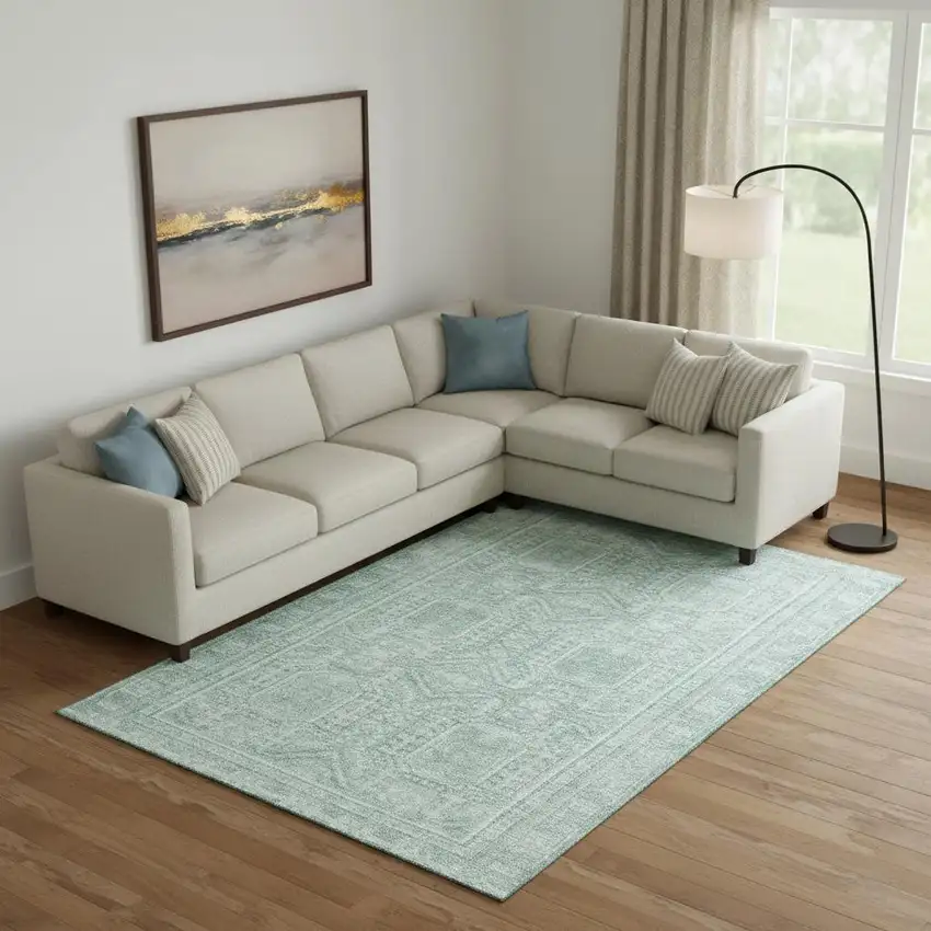 Teal And Aqua Geometric Washable Area Rug With UV Protection Photo 2