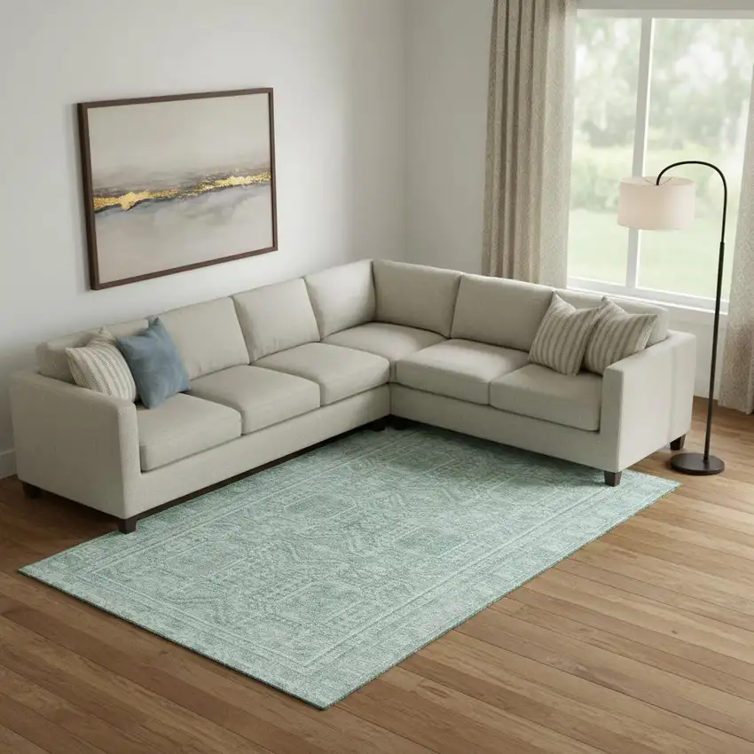 Teal And Aqua Geometric Washable Area Rug With UV Protection Photo 2