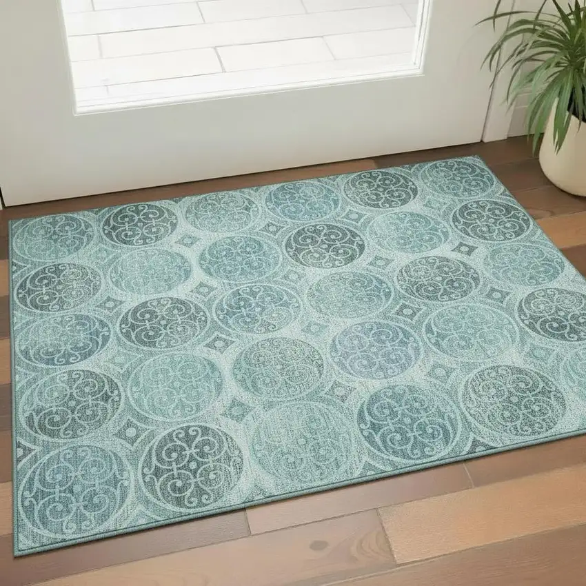Teal And Aqua Medallion Washable Area Rug With UV Protection Photo 1