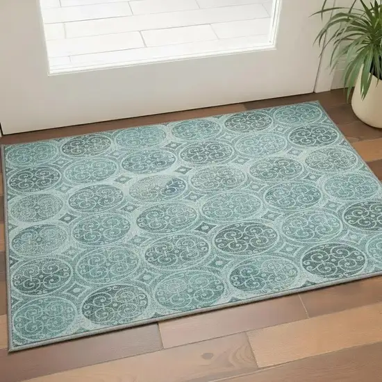 Teal And Aqua Medallion Washable Area Rug With UV Protection Photo 2