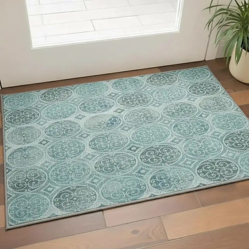 Teal And Aqua Medallion Washable Area Rug With UV Protection Photo 2