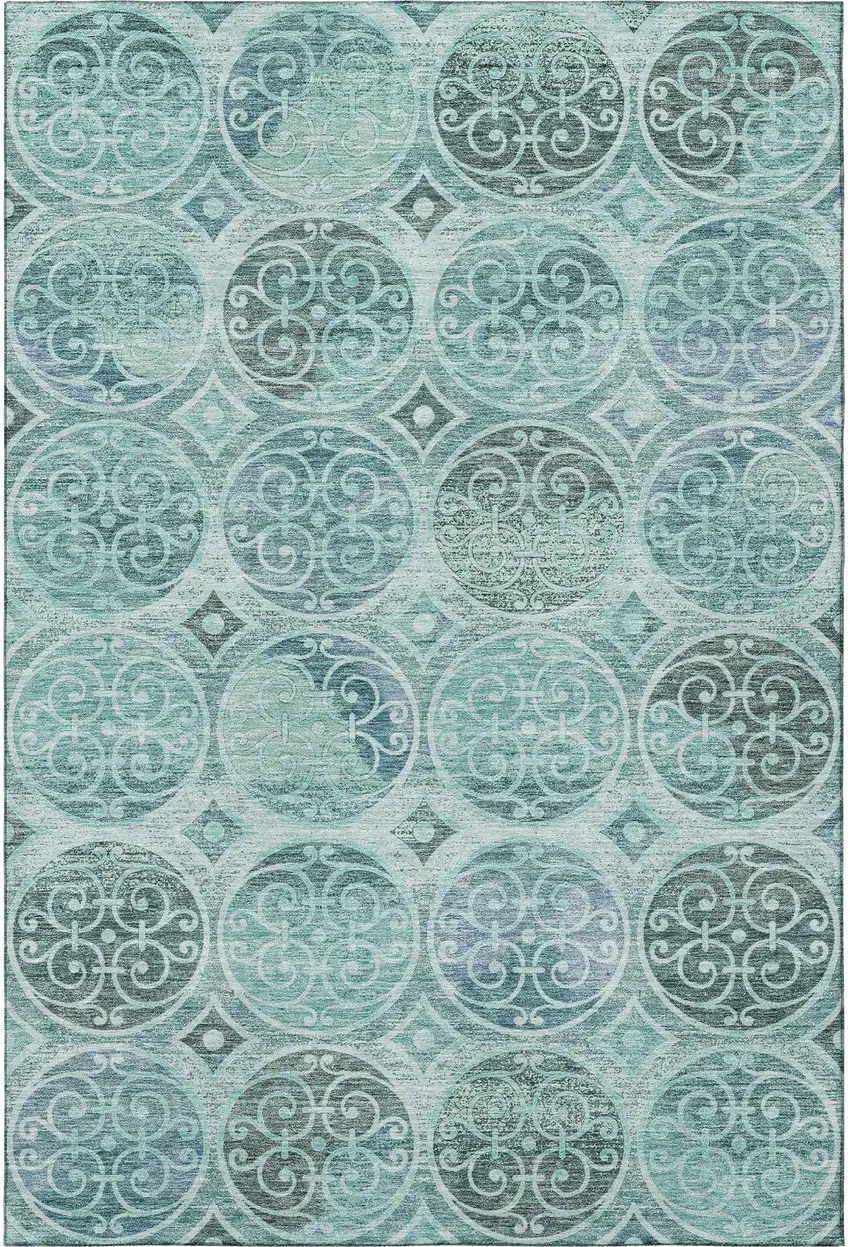 Teal And Aqua Medallion Washable Area Rug With UV Protection Photo 4