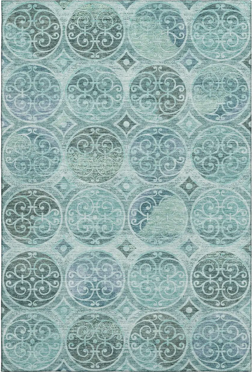 Teal And Aqua Medallion Washable Area Rug With UV Protection Photo 1