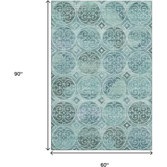 Teal And Aqua Medallion Washable Area Rug With UV Protection Photo 3
