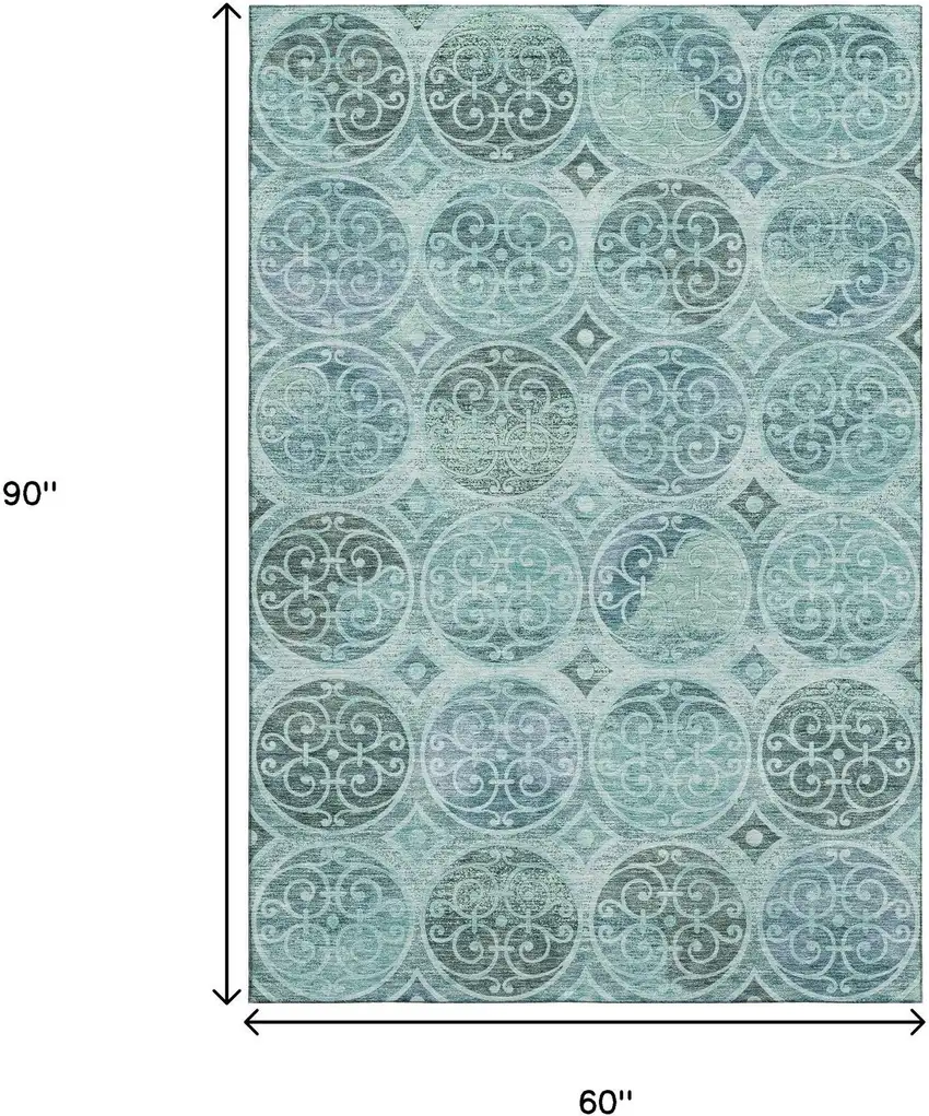 Teal And Aqua Medallion Washable Area Rug With UV Protection Photo 3