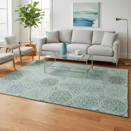 Teal And Aqua Medallion Washable Area Rug With UV Protection Photo 2