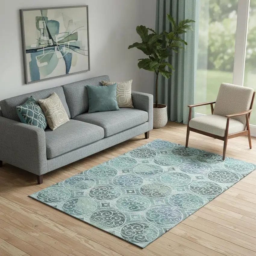 Teal And Aqua Medallion Washable Area Rug With UV Protection Photo 1