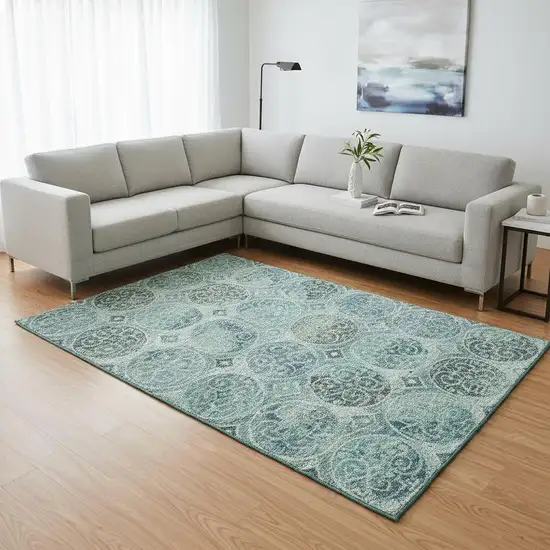 Teal And Aqua Medallion Washable Area Rug With UV Protection Photo 2