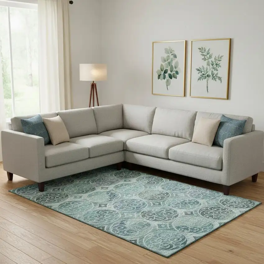 Teal And Aqua Medallion Washable Area Rug With UV Protection Photo 1