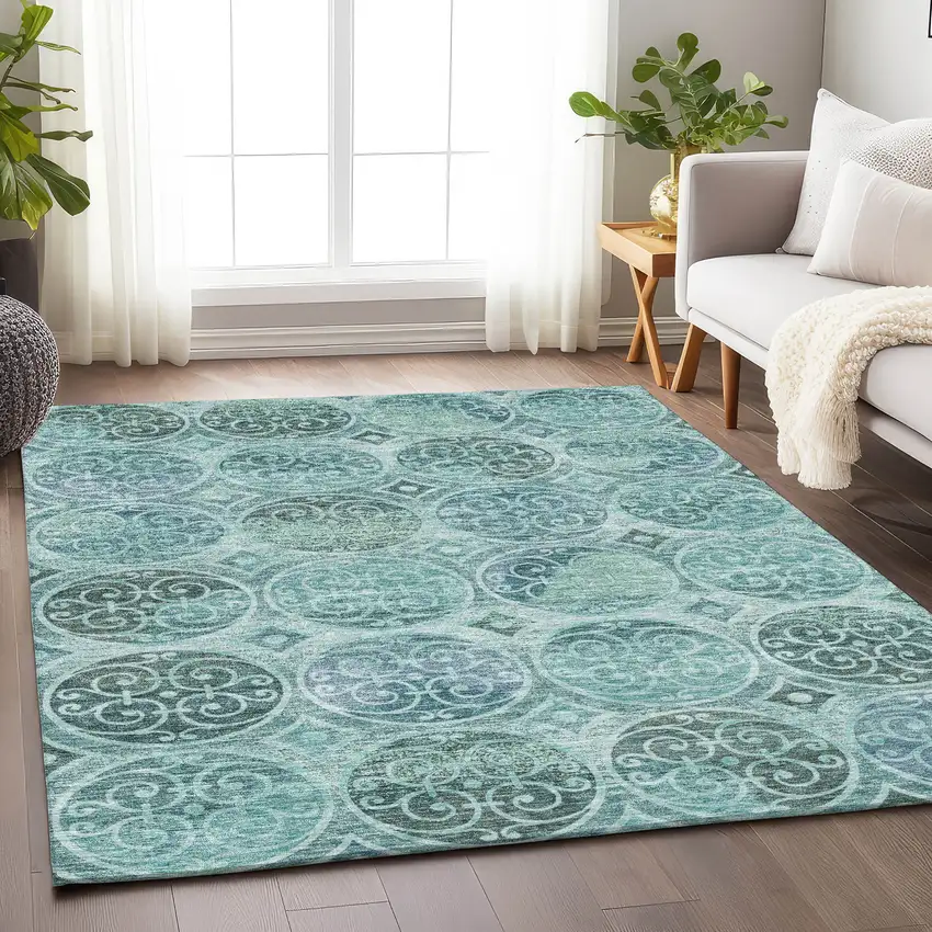 Teal And Aqua Medallion Washable Area Rug With UV Protection Photo 5