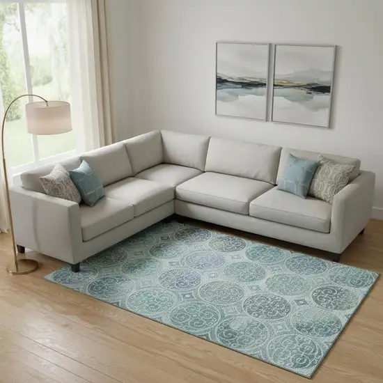 Teal And Aqua Medallion Washable Area Rug With UV Protection Photo 1