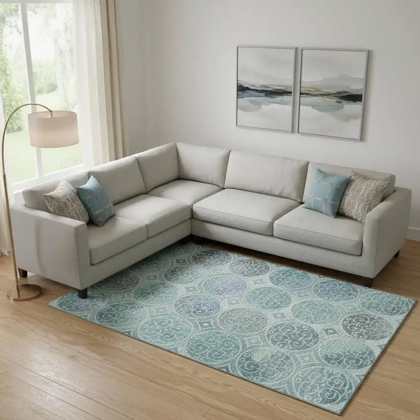 Teal And Aqua Medallion Washable Area Rug With UV Protection Photo 1