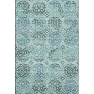 Photo of Teal And Aqua Medallion Washable Area Rug With UV Protection