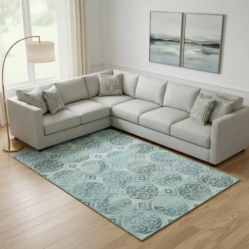 Teal And Aqua Medallion Washable Area Rug With UV Protection Photo 1