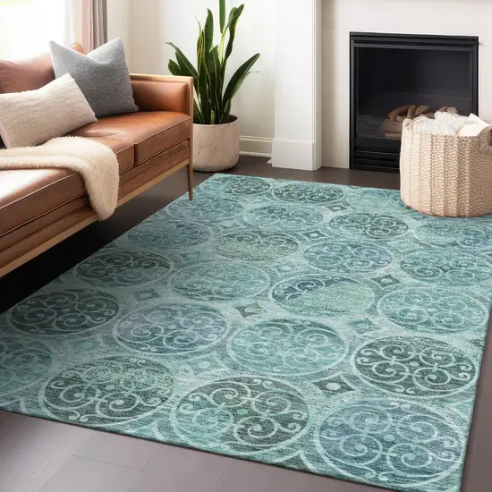 Teal And Aqua Medallion Washable Area Rug With UV Protection Photo 6