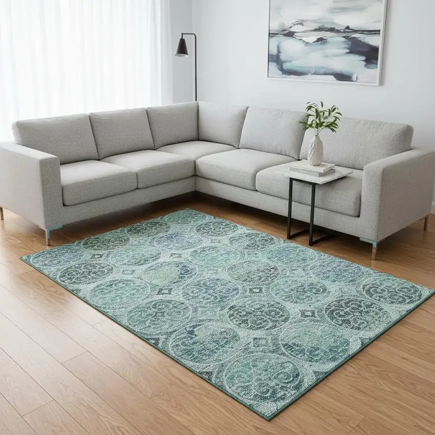 Teal And Aqua Medallion Washable Area Rug With UV Protection Photo 2