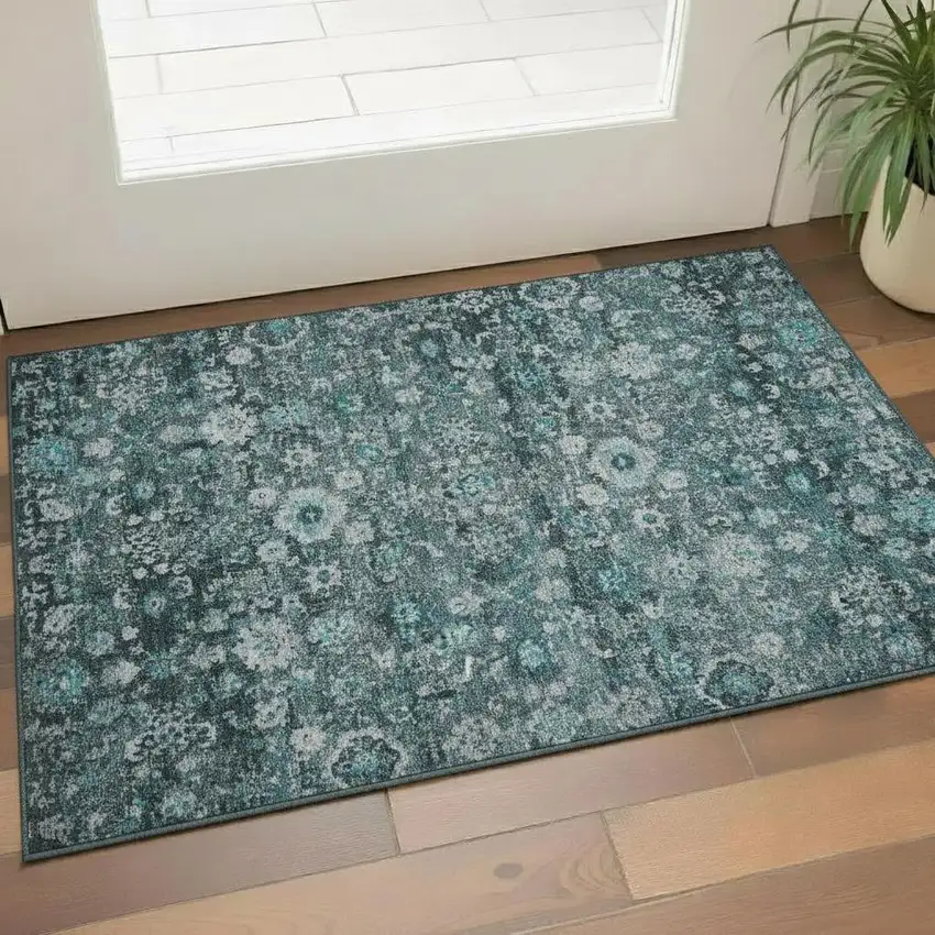Teal And Aqua Oriental Washable Area Rug With UV Protection Photo 1