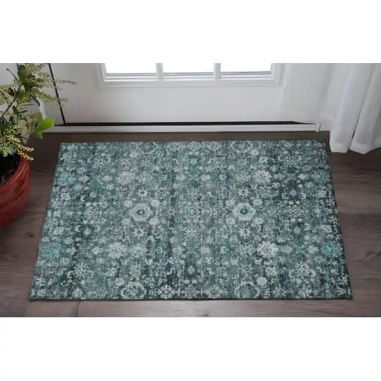 Teal And Aqua Oriental Washable Area Rug With UV Protection Photo 2