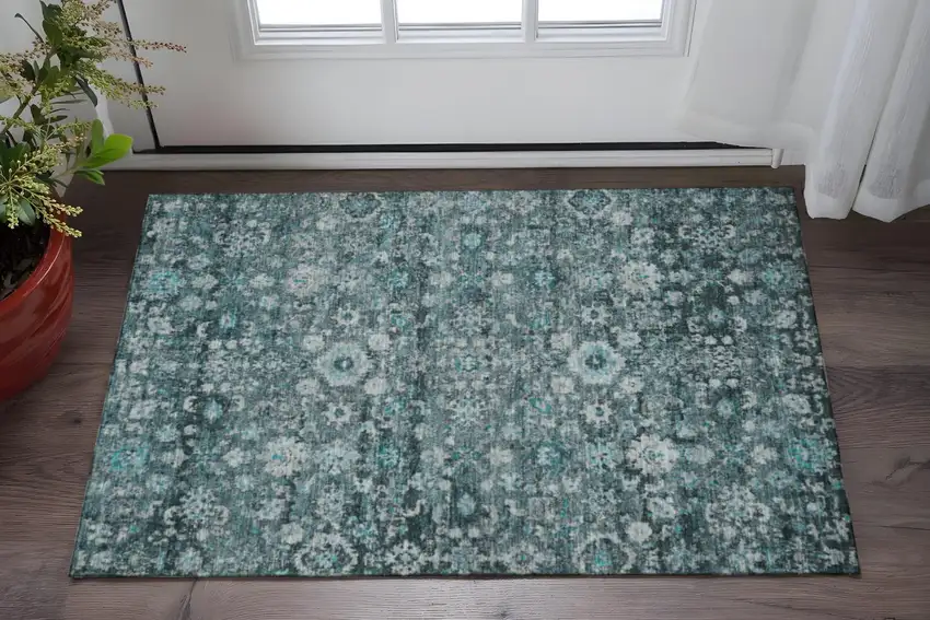 Teal And Aqua Oriental Washable Area Rug With UV Protection Photo 2