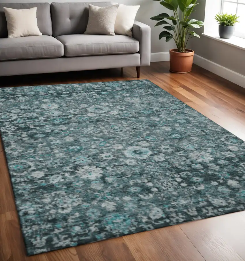 Teal And Aqua Oriental Washable Area Rug With UV Protection Photo 2