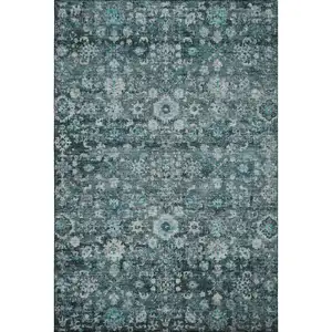Photo of Teal And Aqua Oriental Washable Area Rug With UV Protection