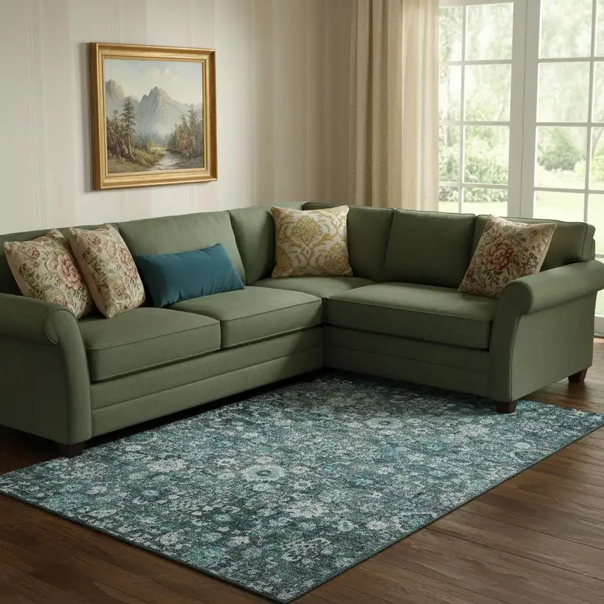 Teal And Aqua Oriental Washable Area Rug With UV Protection Photo 1