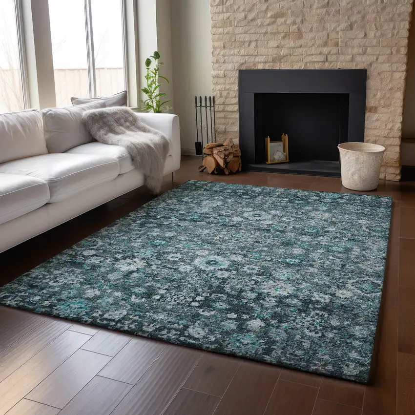 Teal And Aqua Oriental Washable Area Rug With UV Protection Photo 5