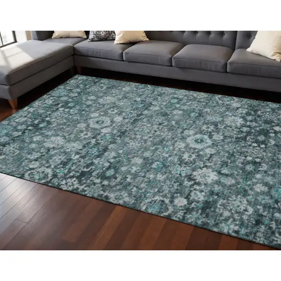 Teal And Aqua Oriental Washable Area Rug With UV Protection Photo 2