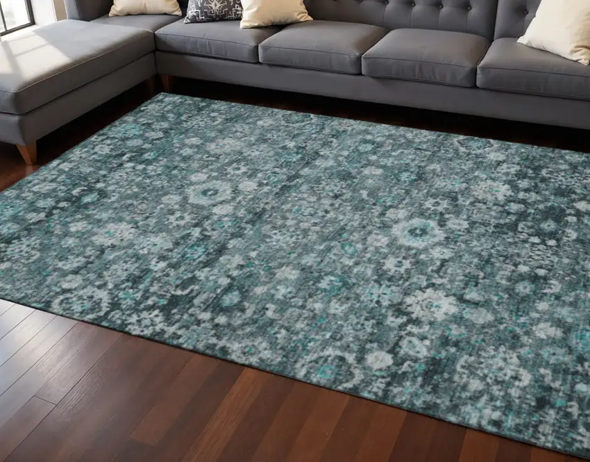 Teal And Aqua Oriental Washable Area Rug With UV Protection Photo 2