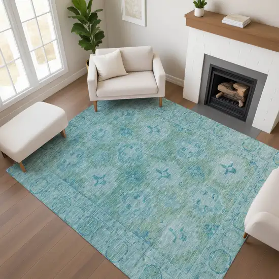 Teal And Aqua Oriental Washable Area Rug With UV Protection Photo 4